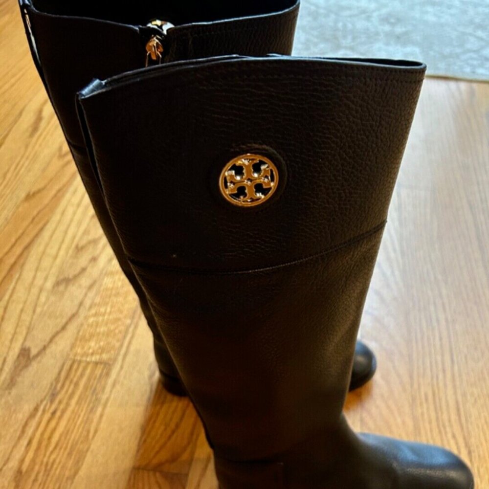 Tory Burch Black Leather Tall Riding Boots with Gold Logo - Picture 10 of 14